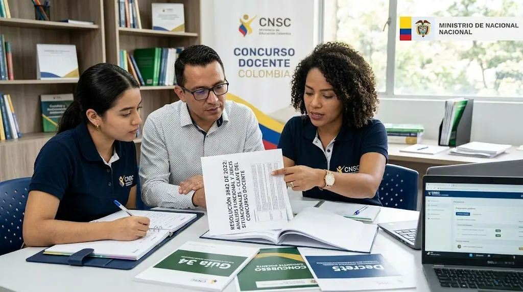 Docentes colombianos analizando la Resolución 3842 de 2022 para la preparación del Concurso de la CNSC